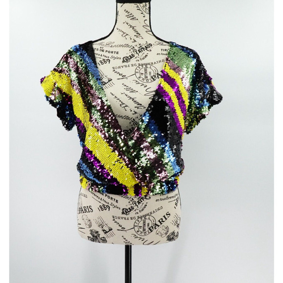 Rdalamal x Anthropologie Sequin Top Women XS Multicolor Crop Surplice Statement - Picture 2 of 16